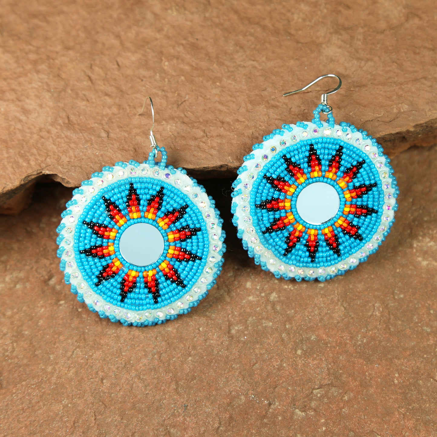 Teal Beaded Round Mirror Dangle Earrings