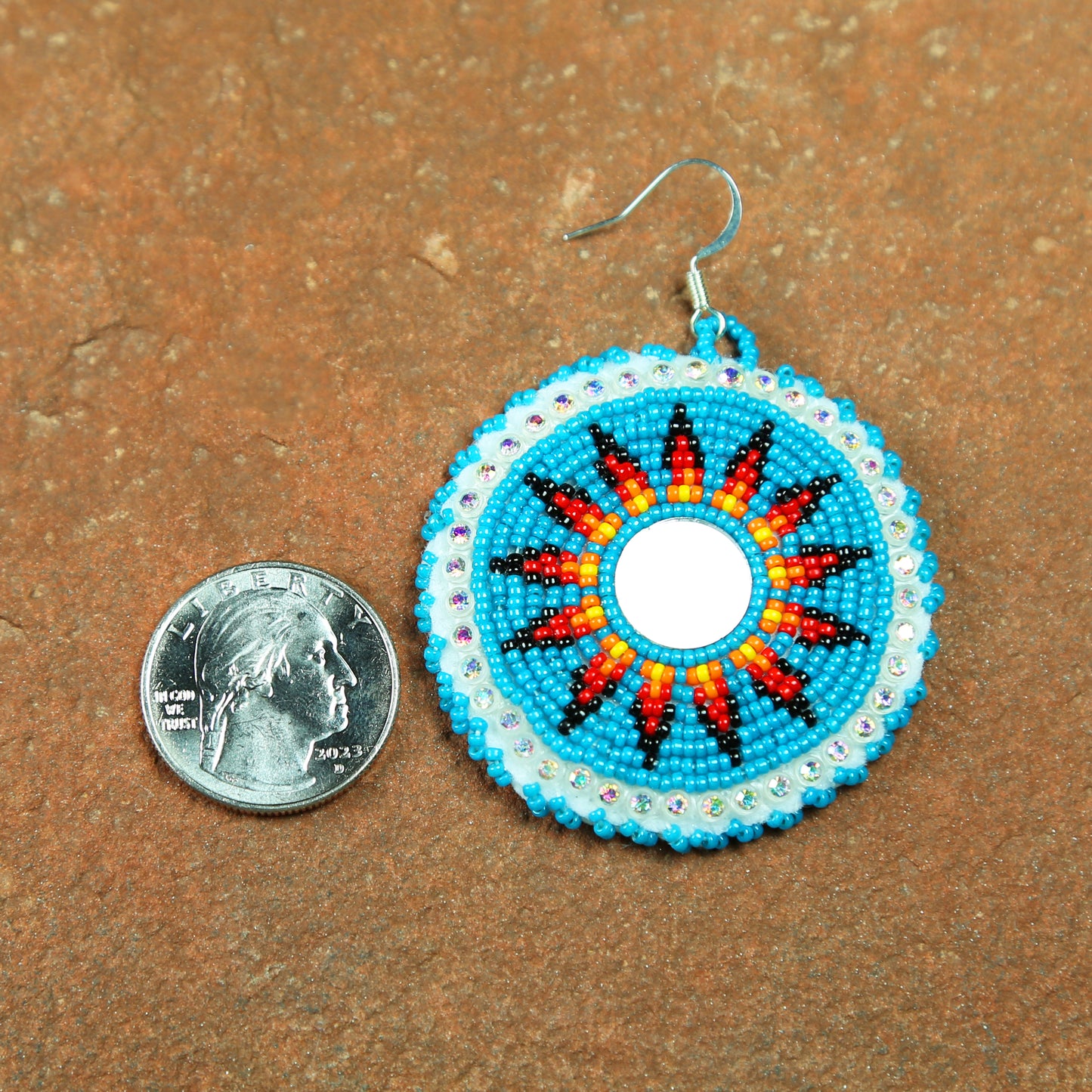 Teal Beaded Round Mirror Dangle Earrings