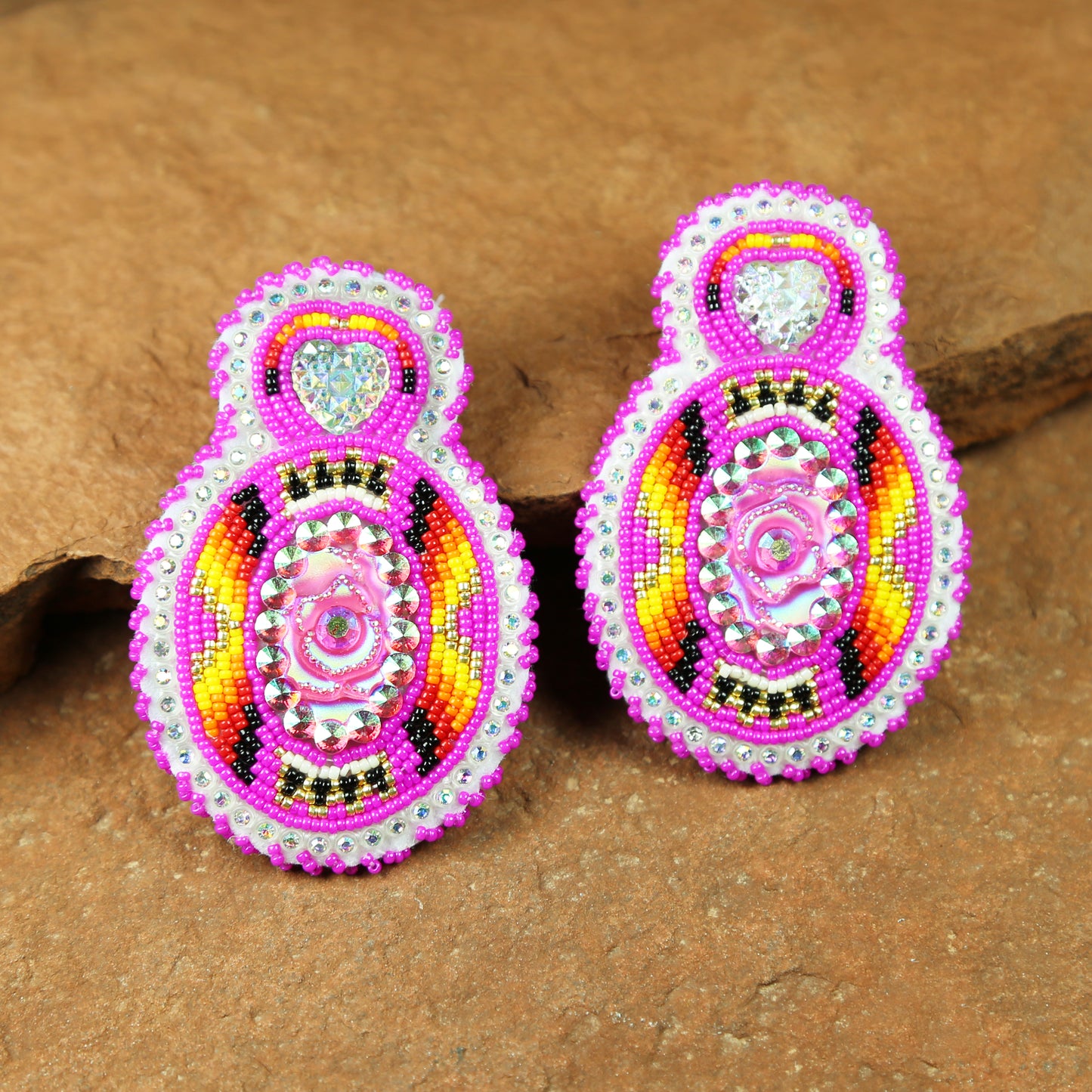 Large Hot Pink Heart Oval Bling Post Earrings