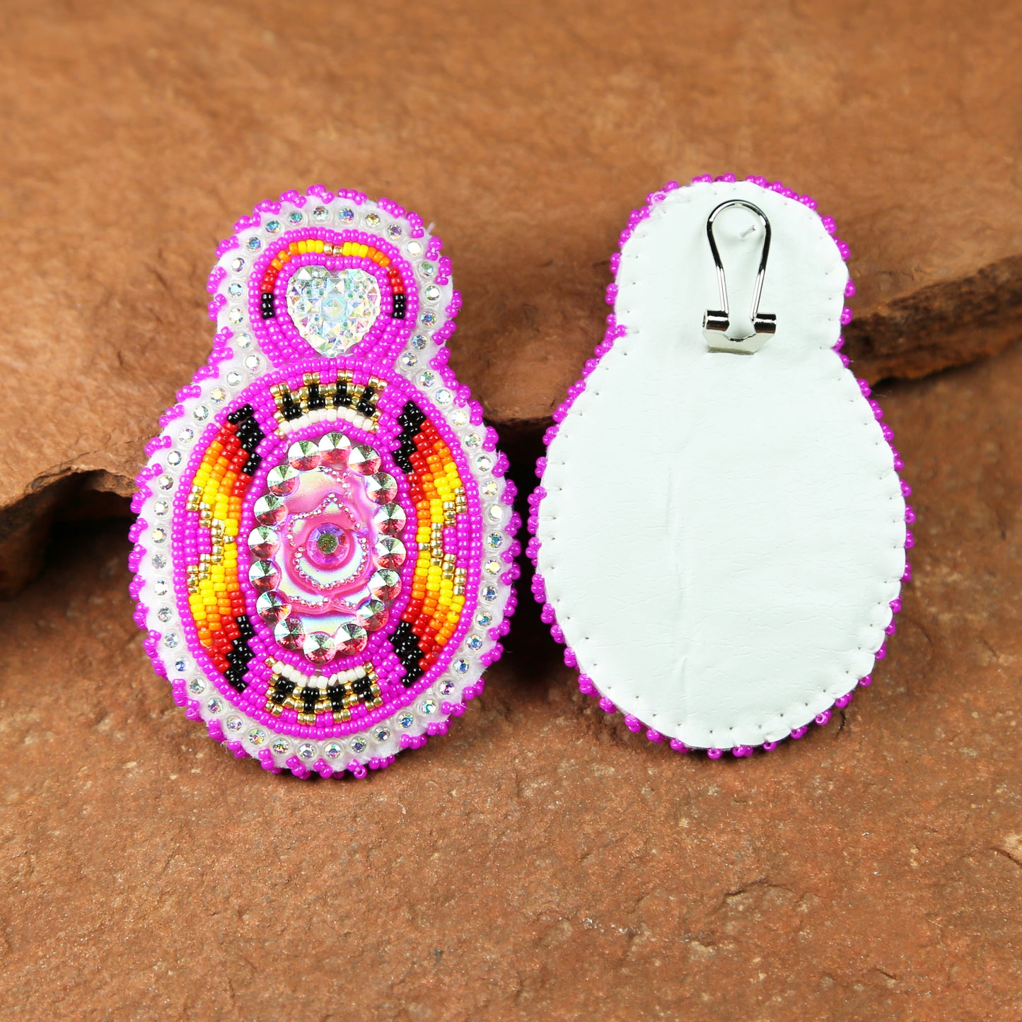 Large Hot Pink Heart Oval Bling Post Earrings