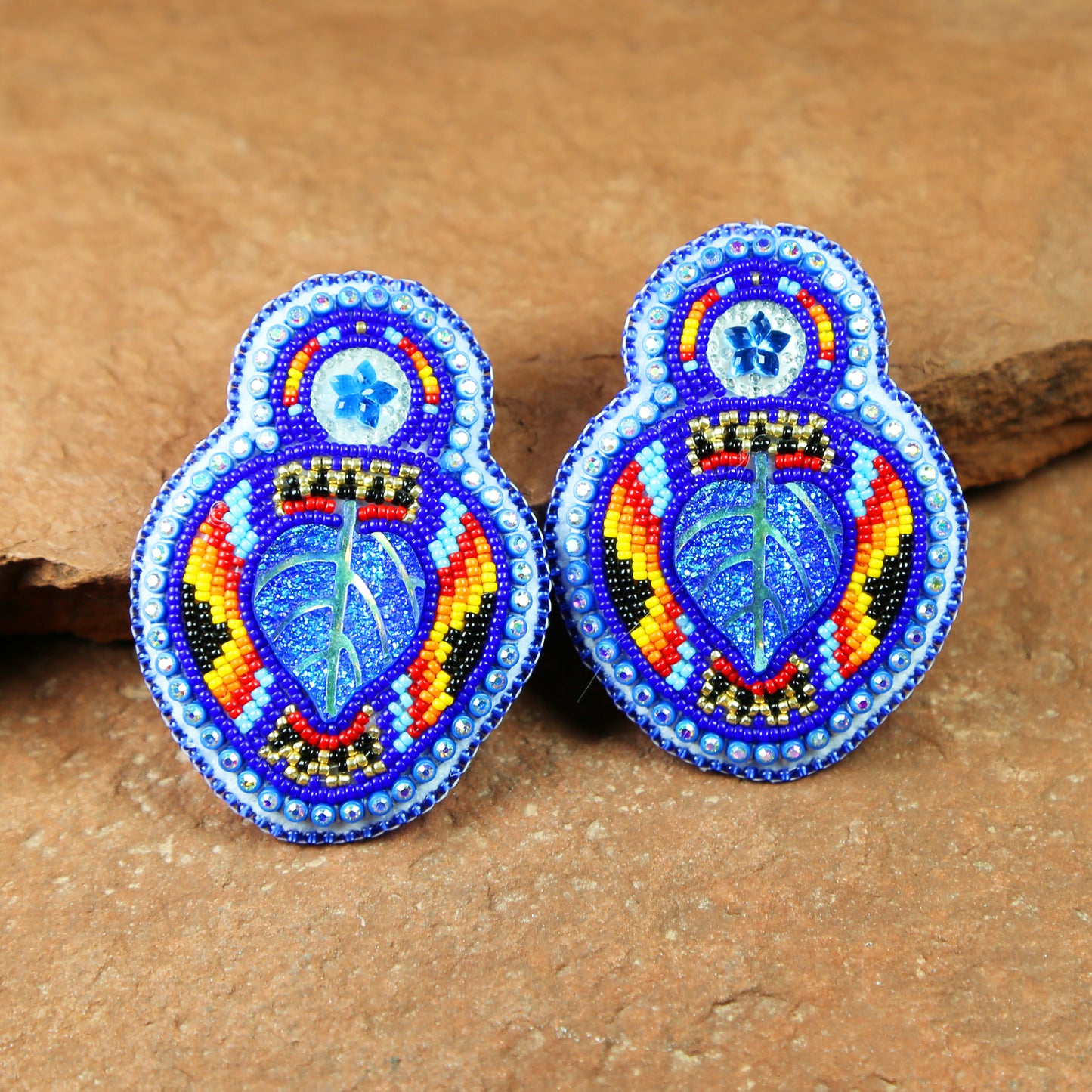 Large Blue Beaded Bling Post Earrings