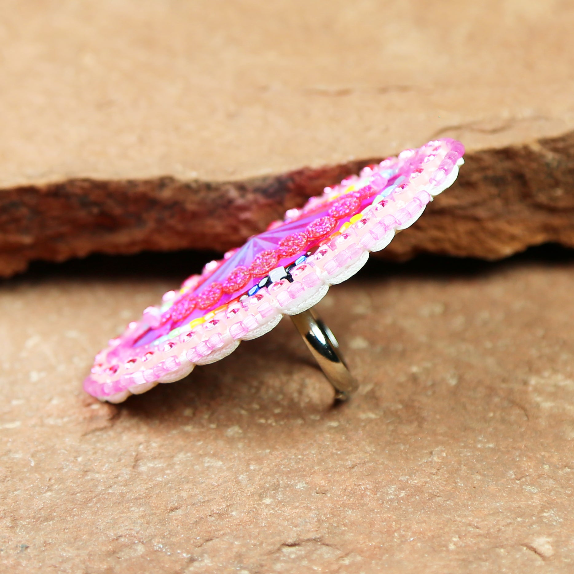 Pink Oval Beaded Ring